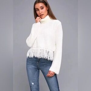 NEW Lulus Women’s Freethinker Cream Fringe Cropped Knit Sweater Sz S